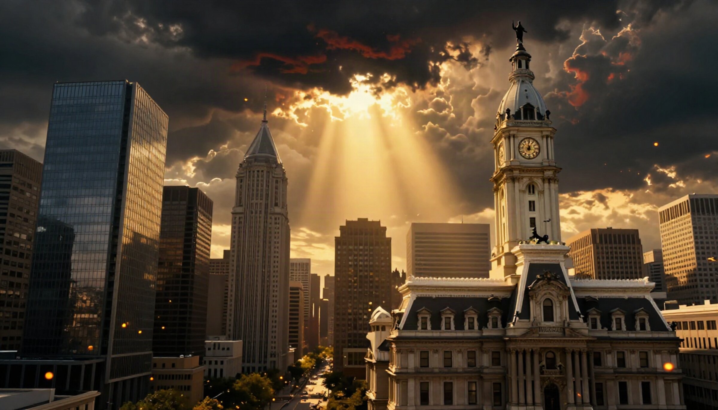 Philadelphia City Hall under an open heaven — golden light rays over the city
